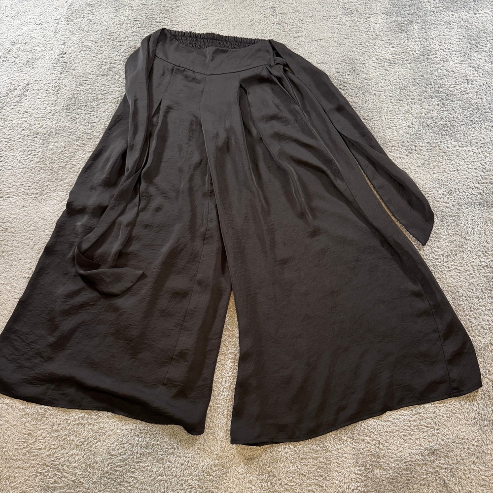 Alfani Wide Leg Pants Size S Black Smocked Back Waist Tie Front Flowy Trousers